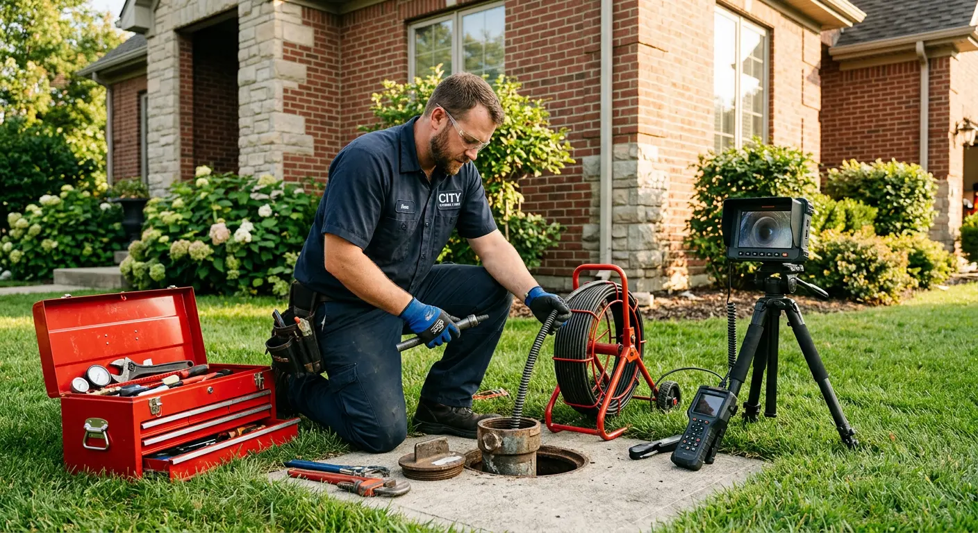 Sewer specialist with camera equipment servicing a cleanout in Bridgeview