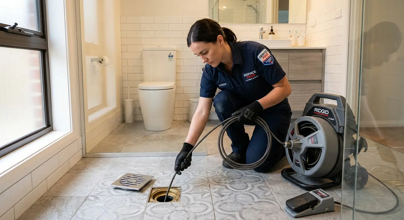 Technician clearing a bathroom floor drain for Hydro Jetting in Bridgeview